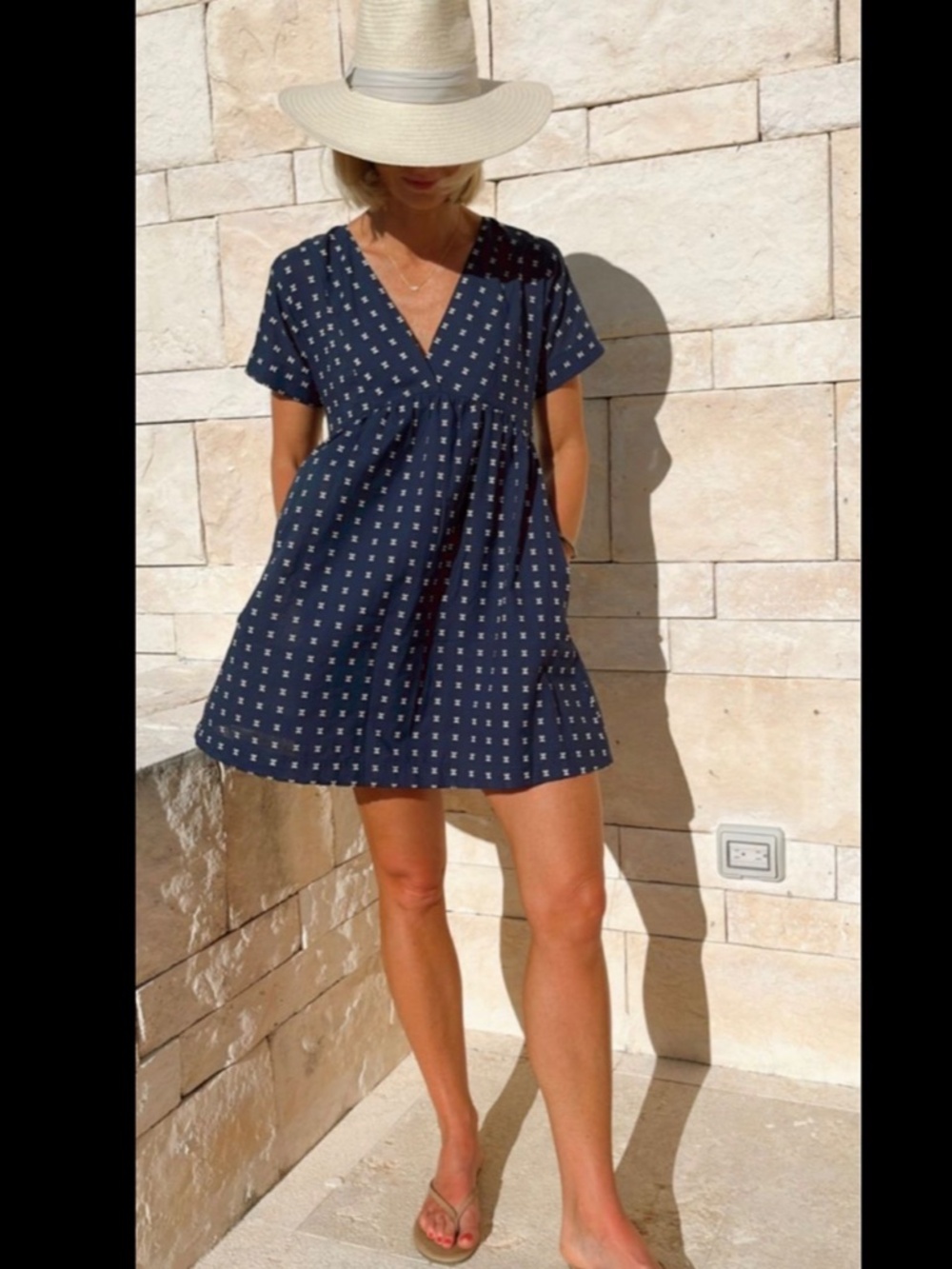 Madewell Navy Embroidered V-Neck Babydoll dress Size Large